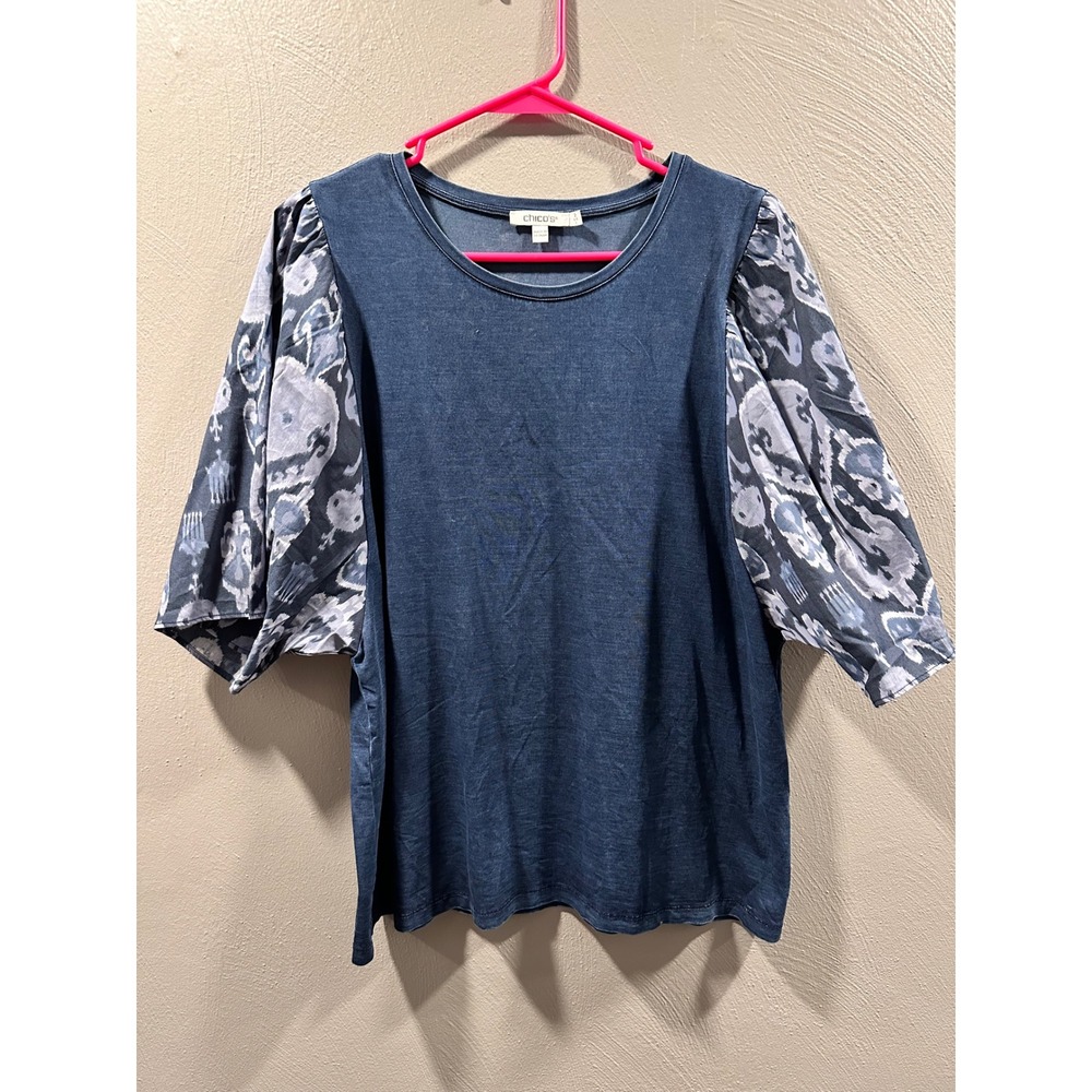 Chicos Blue Ikat Puff Sleeve Mixed Media Top Sz 2 Large Lyocell Blend Knit Tee